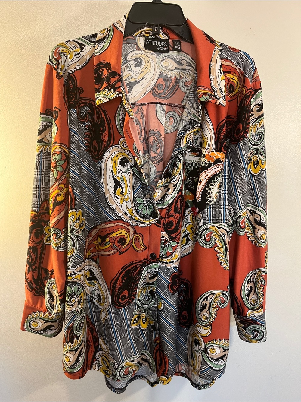 Attitudes by Renee Rust Orange Paisley & Plaid Button-Down Blouse